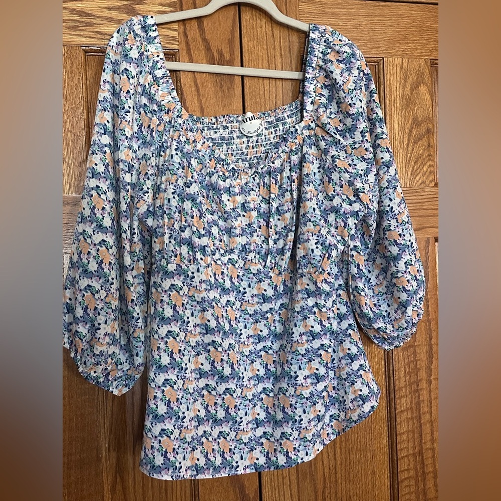 ARULA Blue Floral Smocked Blouse